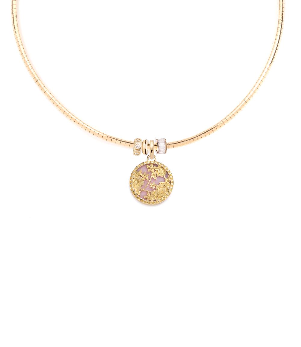 foundrae Floral Screen Resilience and Heart Beats Sleek Collar Story in Yellow Gold and Pink Opal with Diamonds