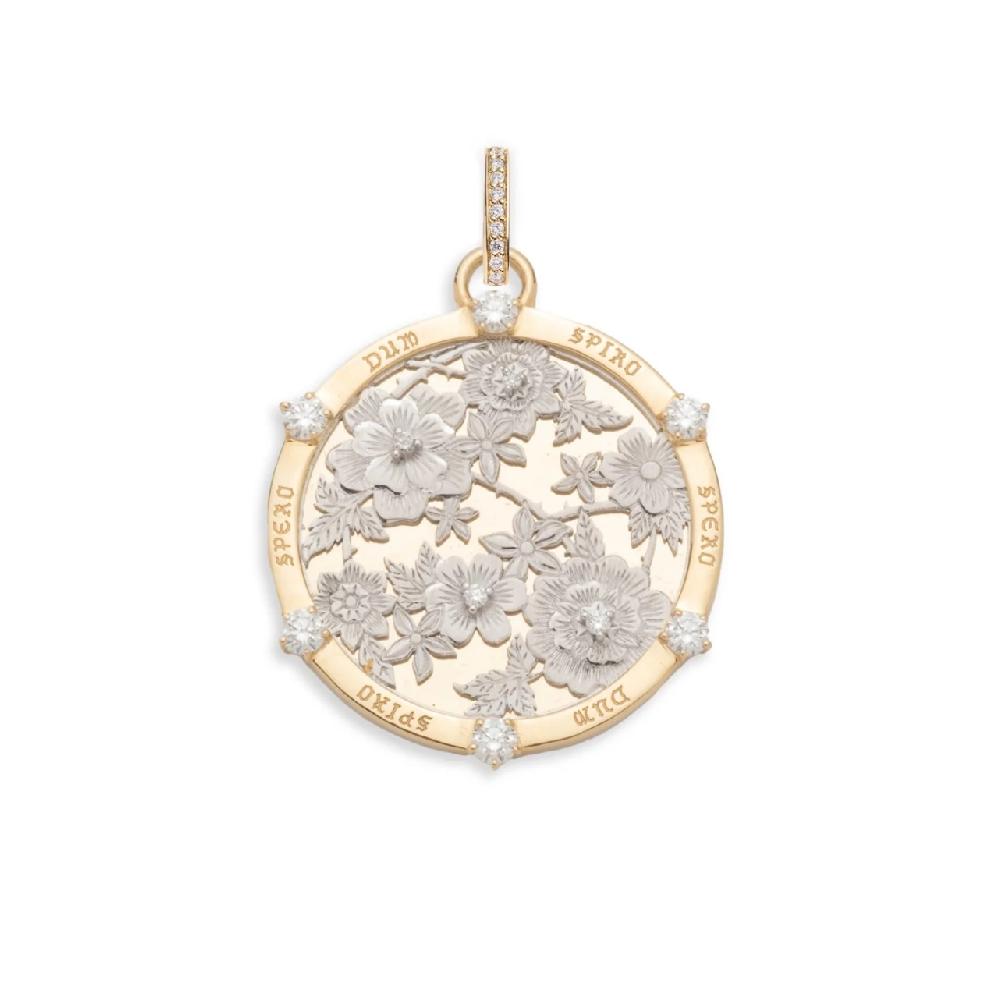 foundrae Floral Screen Resilience Large Medallion in Mixed Yellow Gold with Diamonds and an Annex Link