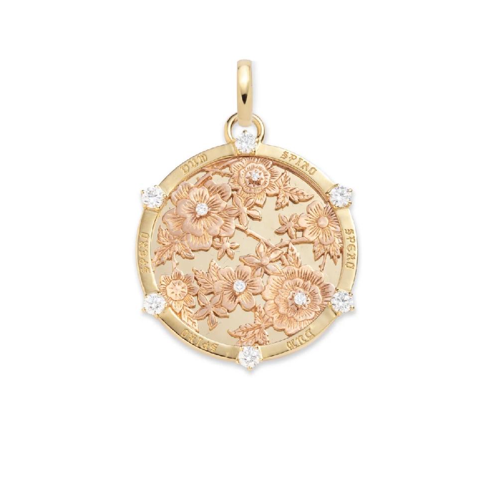 foundrae Floral Screen Resilience Large Medallion in Mixed Rose Gold with Diamonds and an Annex Link