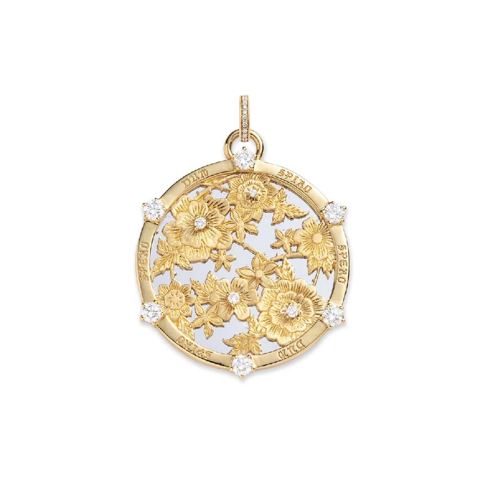 foundrae Floral Screen Resilience Large Medallion in Mixed White Gold with Diamonds and an Annex Link
