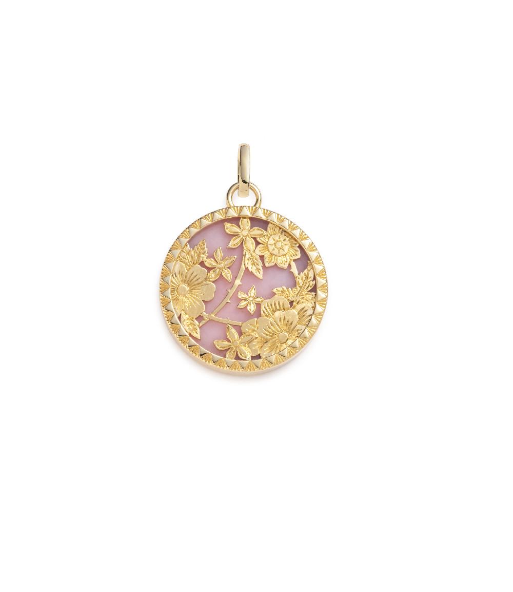 foundrae Floral Screen Resilience Medium Pink Opal Medallion in Yellow Gold with an Annex Link