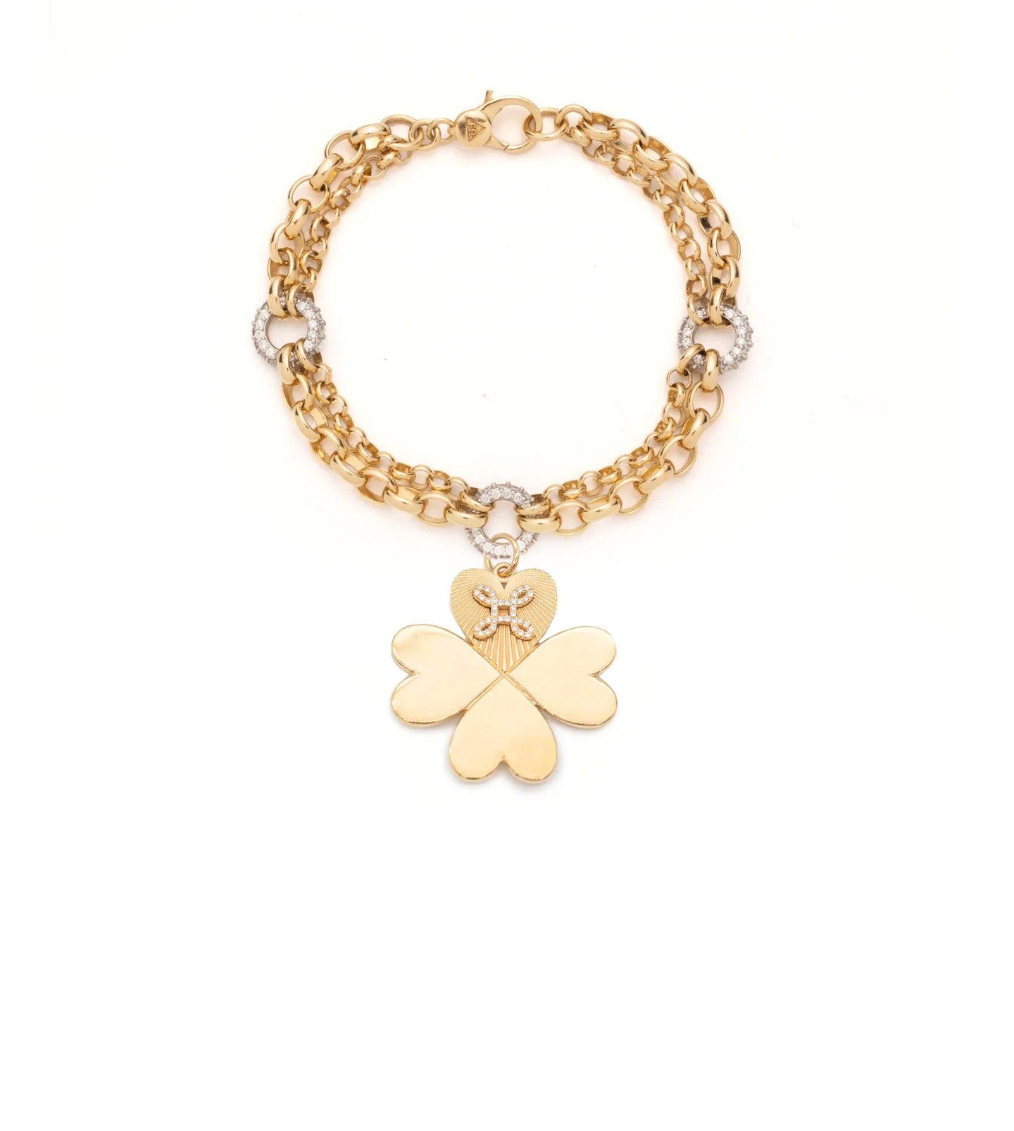foundrae Four Heart Clover with Pave True Love Knot Festoon Chain Bracelet in Yellow Gold with Diamonds