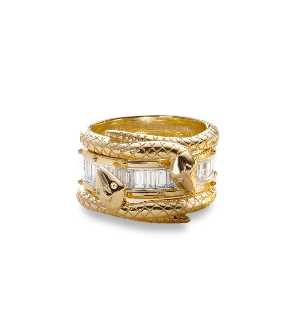 foundrae Lovestruck Pierced and Snake Bookend Ring Stack in Yellow Gold with Baguette Diamonds