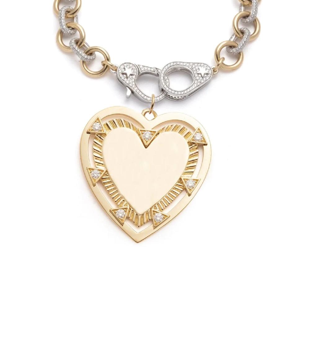 foundrae Midsized Mixed Link Pave Bracelet with Oversized Engravable Heart Medallion and Annex Link