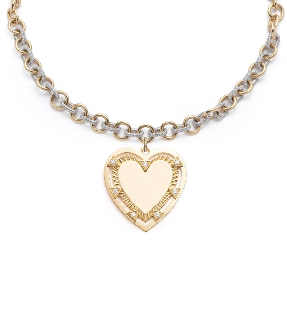 foundrae Midsized Mixed Link Pave Chain with Oversized Engravable Heart Medallion and Annex Link
