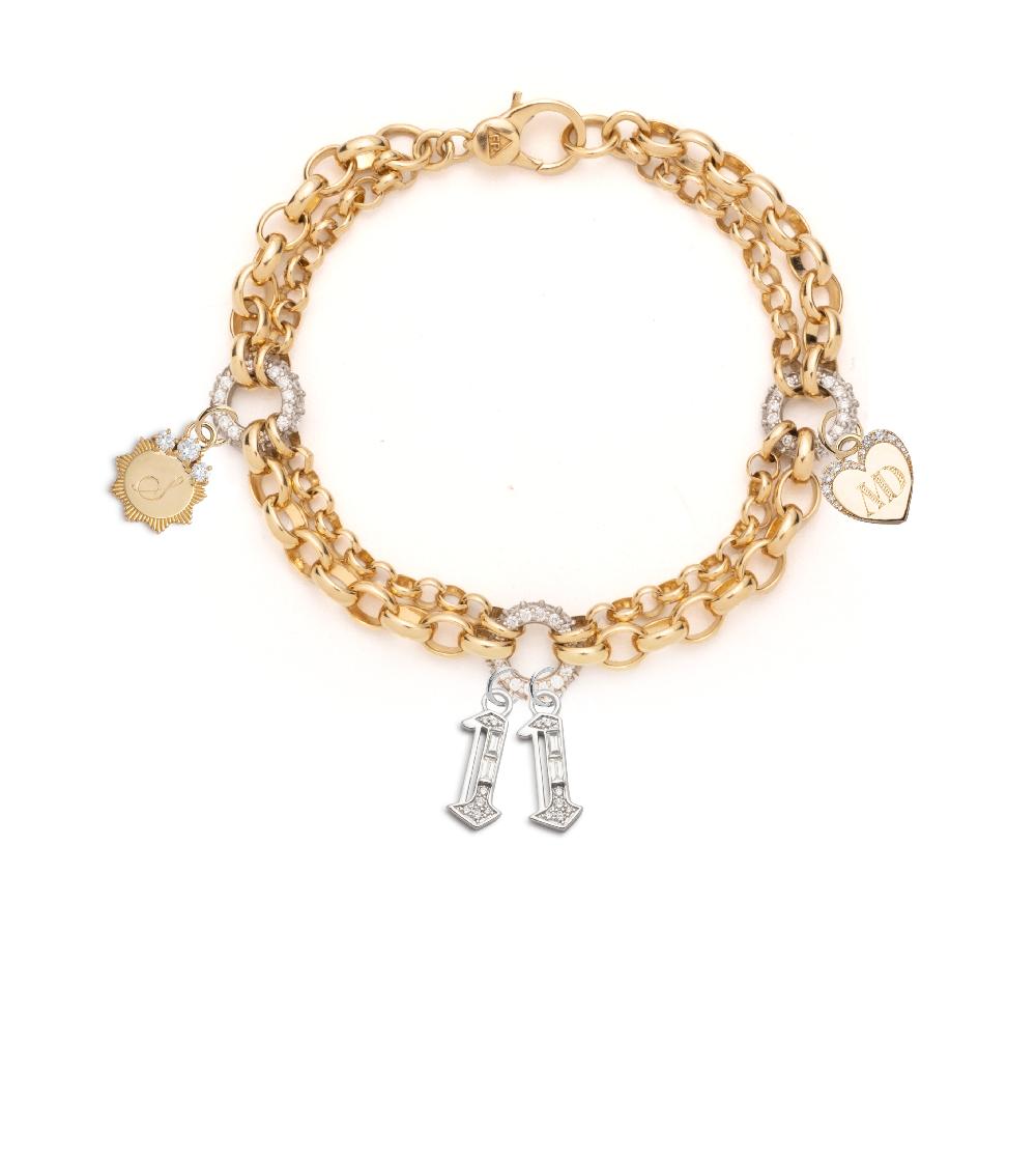 foundrae Numbers Engravable & Pave Heart Festoon Chain Bracelet in Yellow Gold with Diamonds
