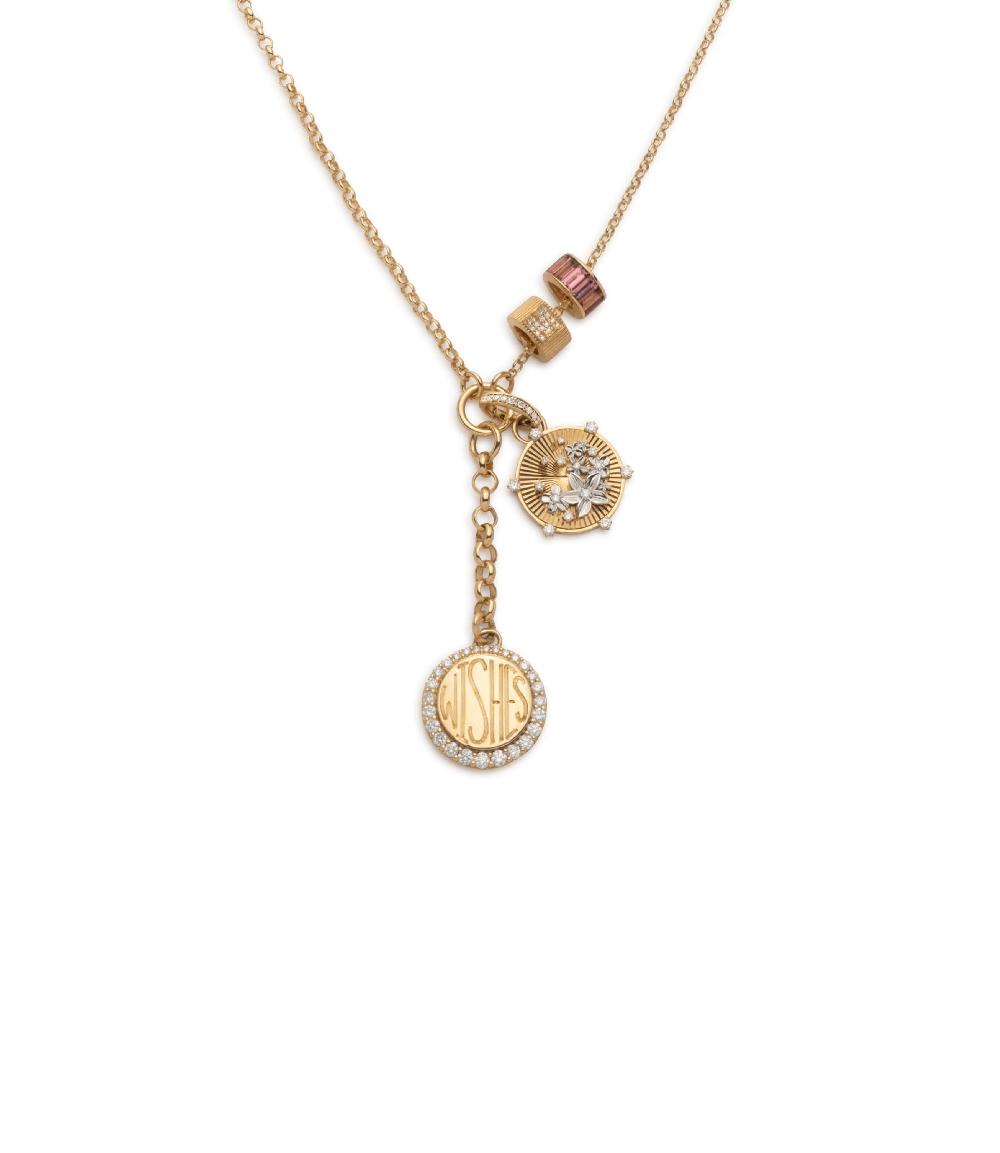 foundrae Pave Engravable and Blossoms Small Mixed Belcher Story in Mixed Gold with Diamonds and Pink Tourmaline