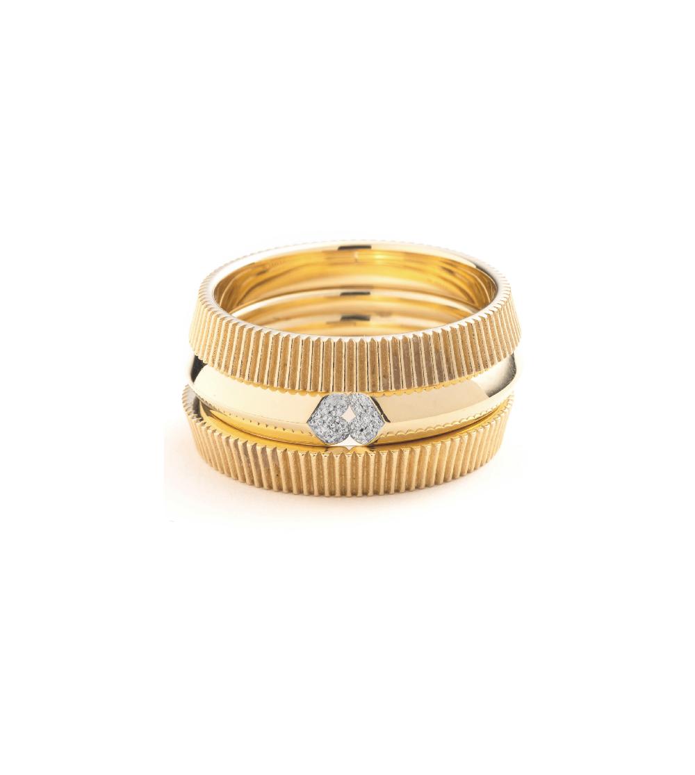 foundrae Radiating Bookend and Strong Hearts Ring Stack in Yellow Gold with Pave Diamonds