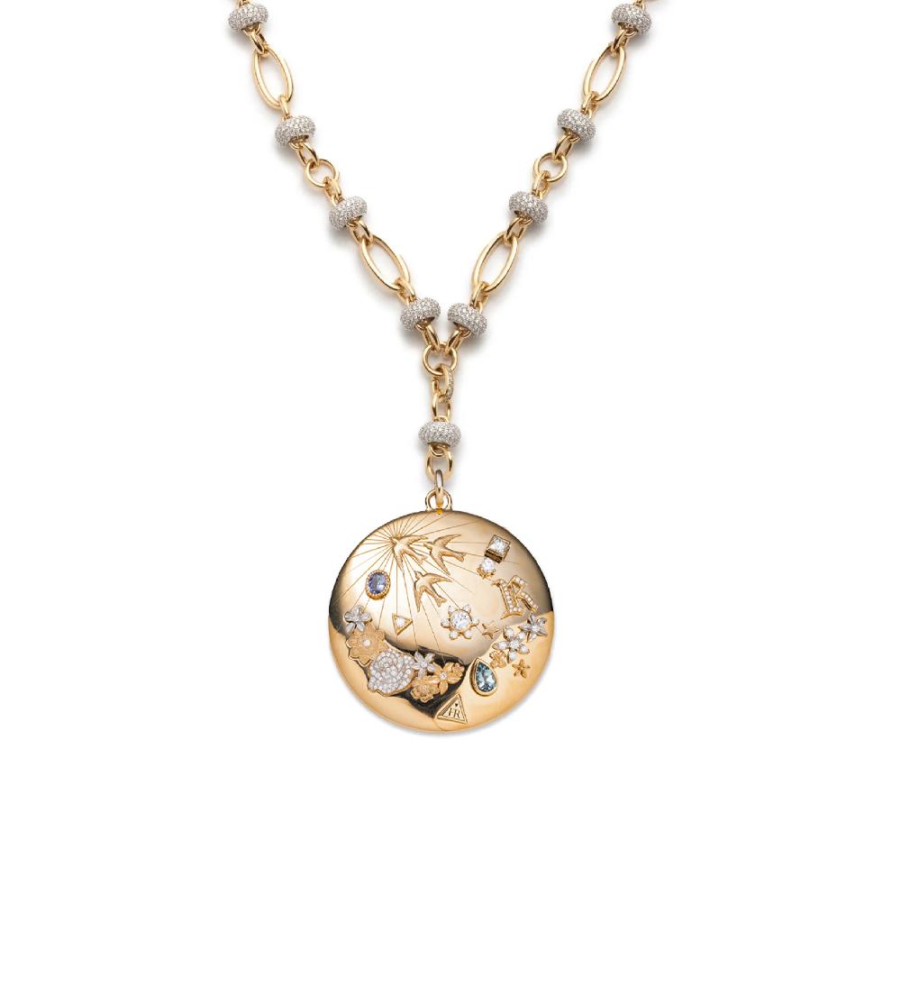 foundrae Resilience Grande Dame and Orbit Extension Necklace in Yellow Gold with Diamonds and Aquamarine