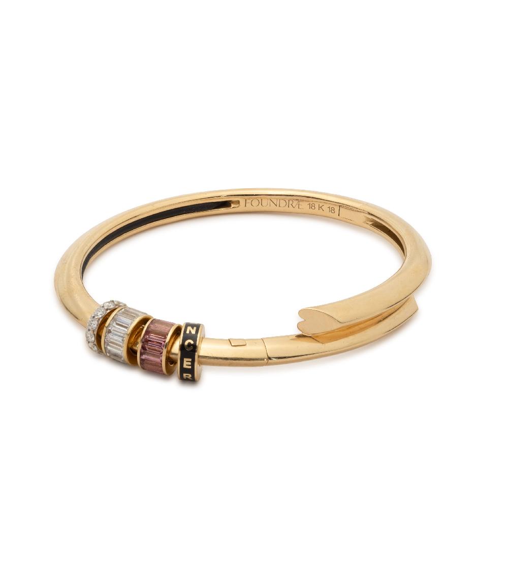 foundrae Resilience Strong Hearts Bangle Story in Yellow Gold with Pink Tourmaline and Diamonds