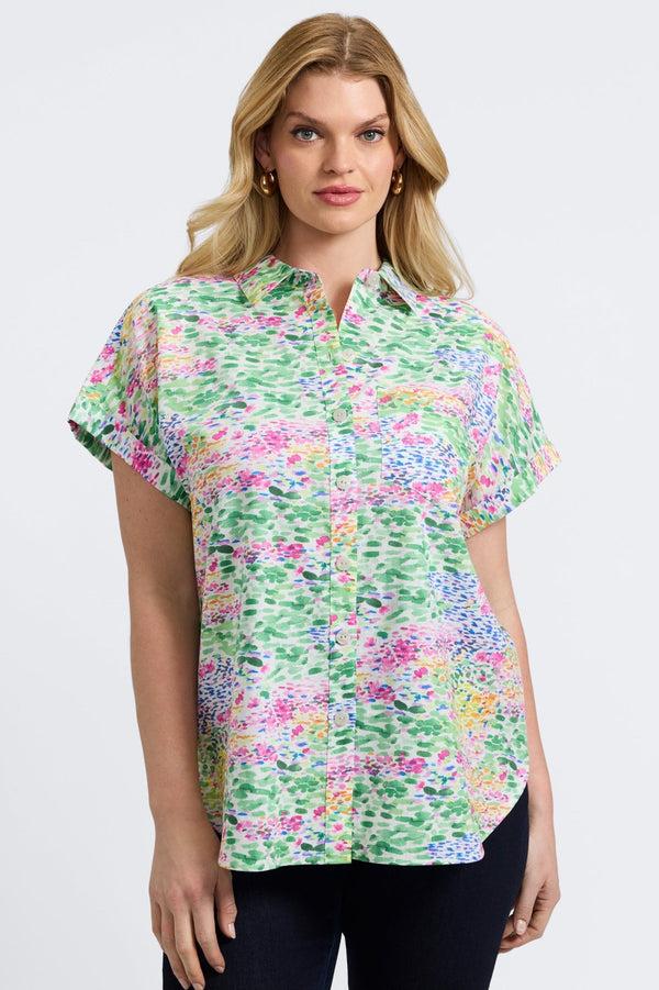 foxcroft Abigail Plus Linen Impressionist Floral Short Sleeve Shirt