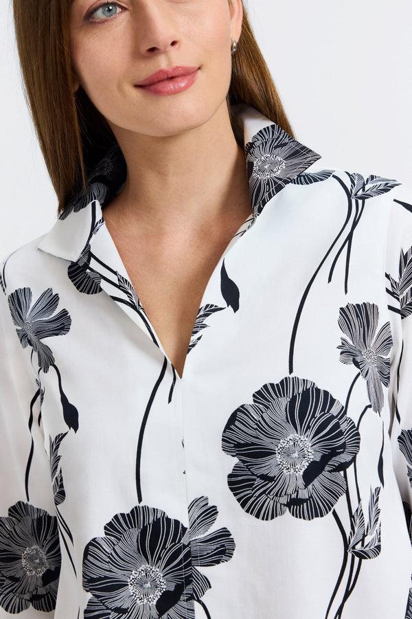 Foxcroft Agnes Black Poppy 3/4 Sleeve Popover Shirt