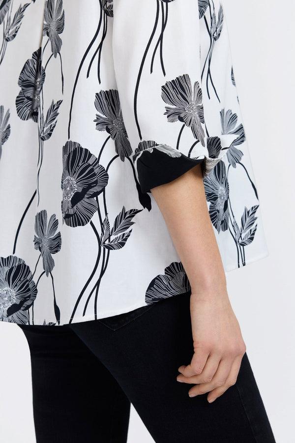 Foxcroft Agnes Black Poppy 3/4 Sleeve Popover Shirt