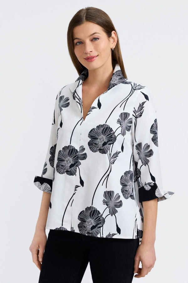 foxcroft Agnes Black Poppy 3/4 Sleeve Popover Shirt
