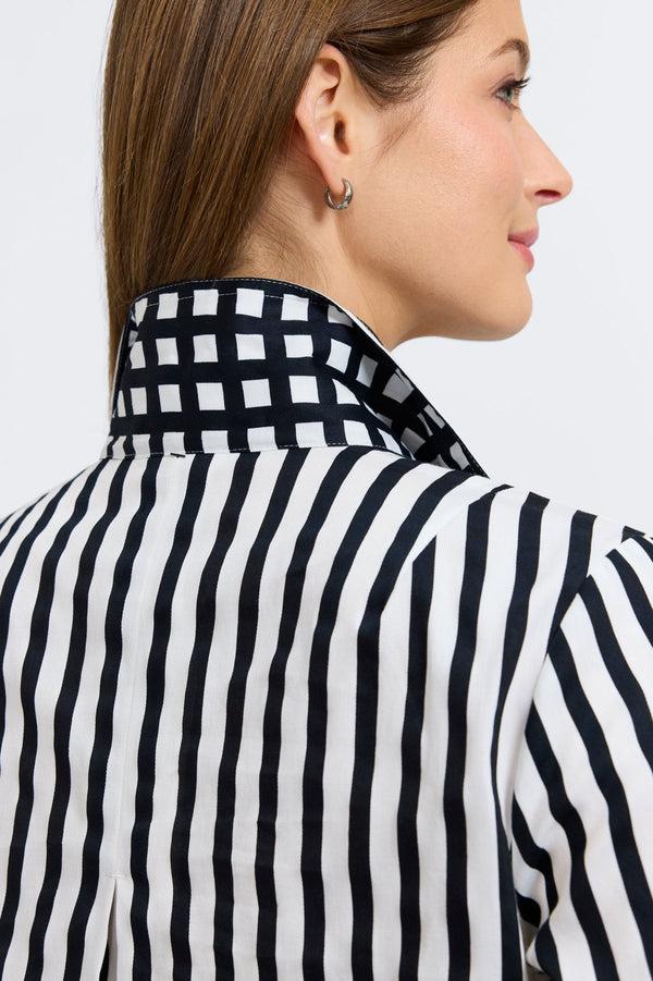 Foxcroft Agnes Black Stripe & Gingham 3/4 Sleeve Popover Shirt