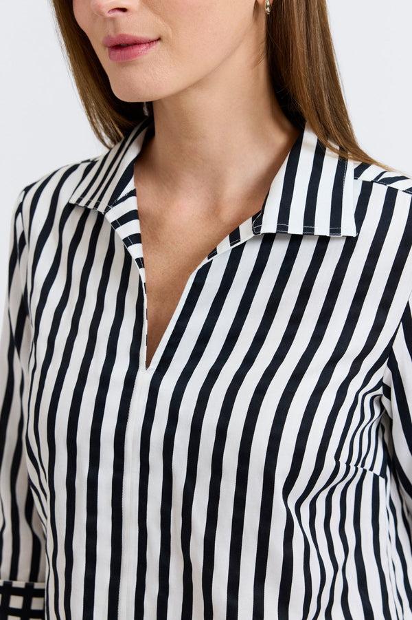 Foxcroft Agnes Black Stripe & Gingham 3/4 Sleeve Popover Shirt