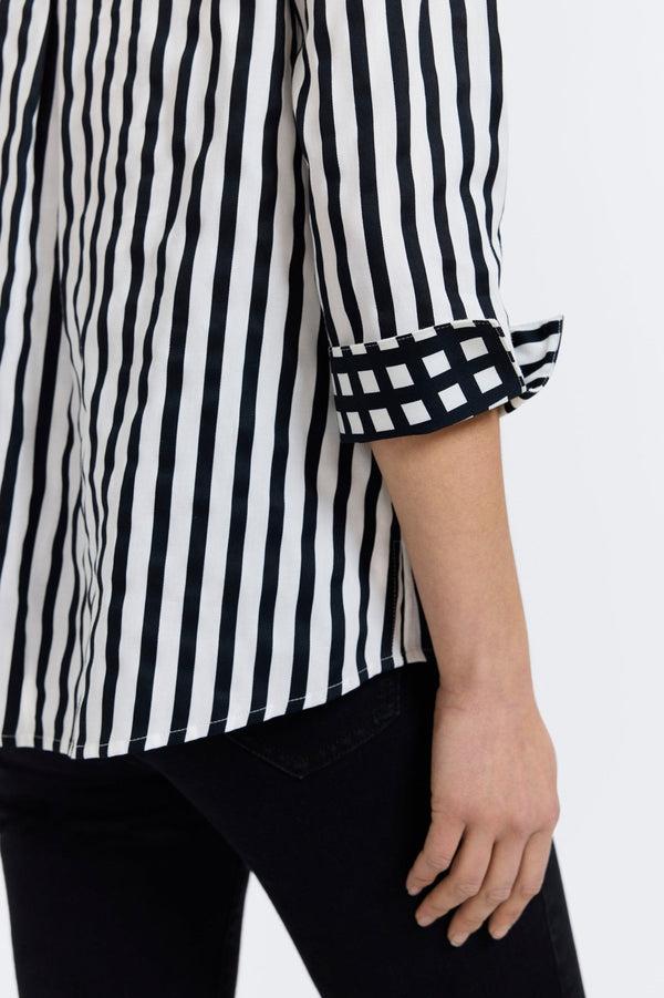 Foxcroft Agnes Black Stripe & Gingham 3/4 Sleeve Popover Shirt