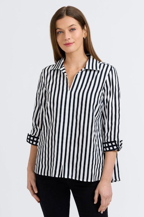 foxcroft Agnes Black Stripe & Gingham 3/4 Sleeve Popover Shirt