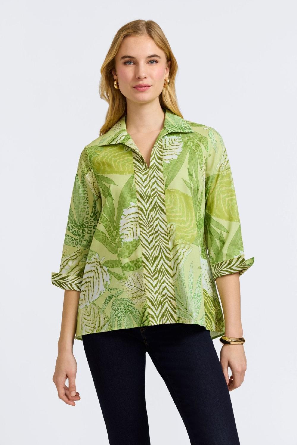 Foxcroft Agnes Jungle Leaves 3/4 Sleeve Popover Shirt