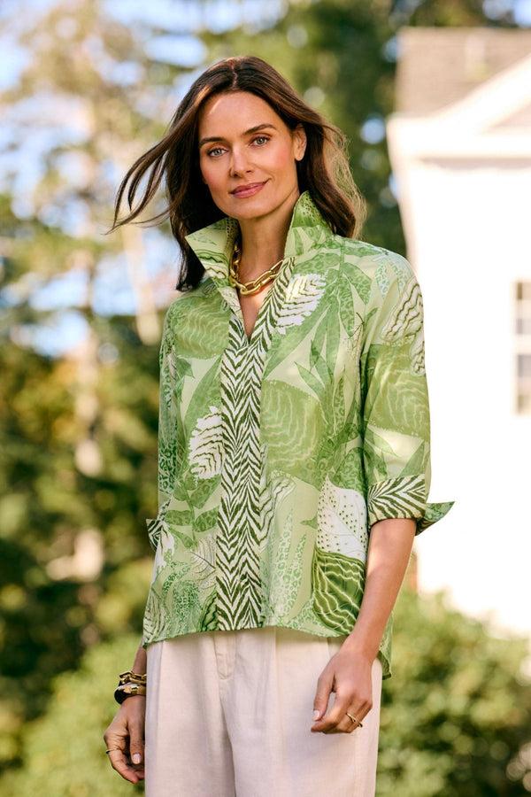 foxcroft Agnes Jungle Leaves 3/4 Sleeve Popover Shirt