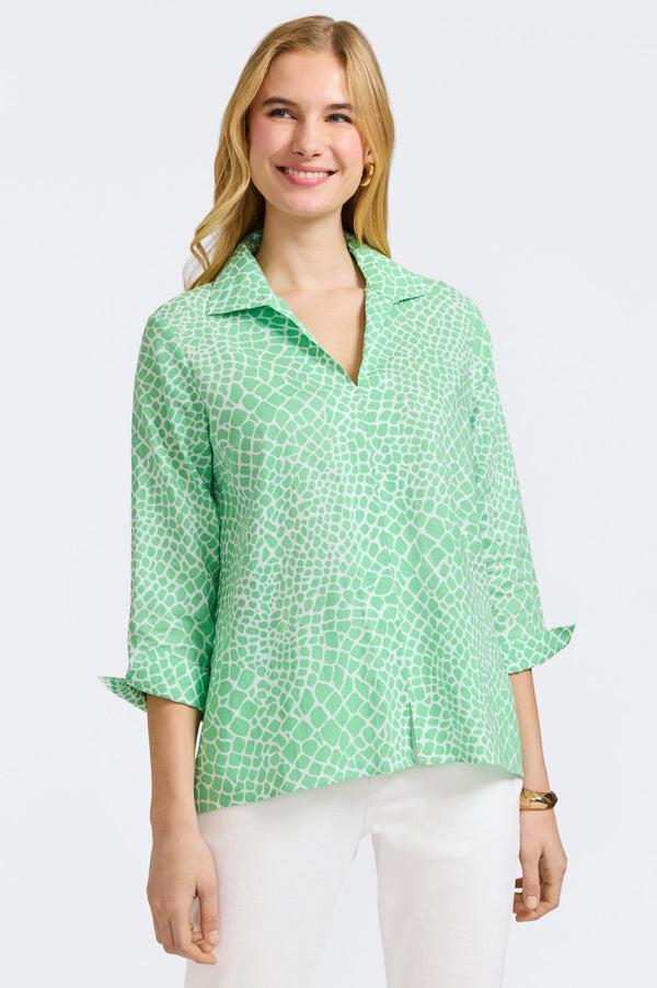 Foxcroft Agnes Linen Giraffe 3/4 Sleeve Popover Shirt
