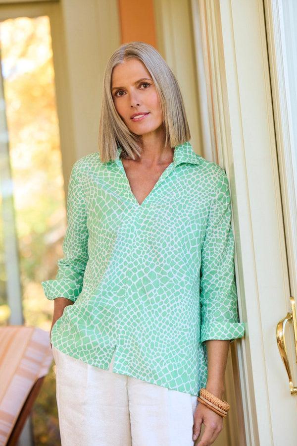 foxcroft Agnes Linen Giraffe 3/4 Sleeve Popover Shirt