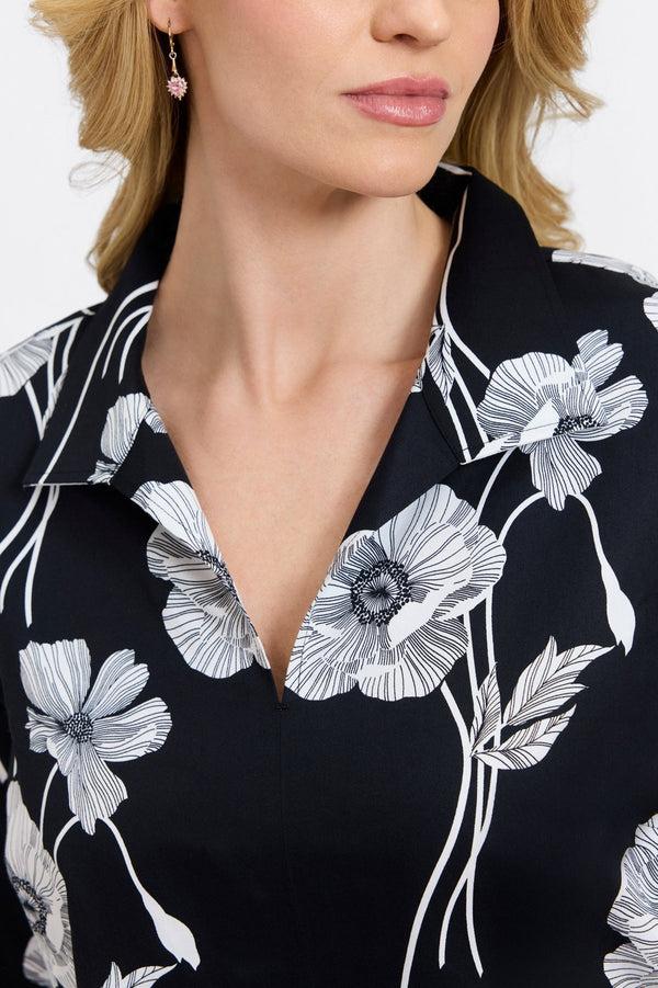 Foxcroft Agnes Plus Black Poppy 3/4 Sleeve Popover Shirt