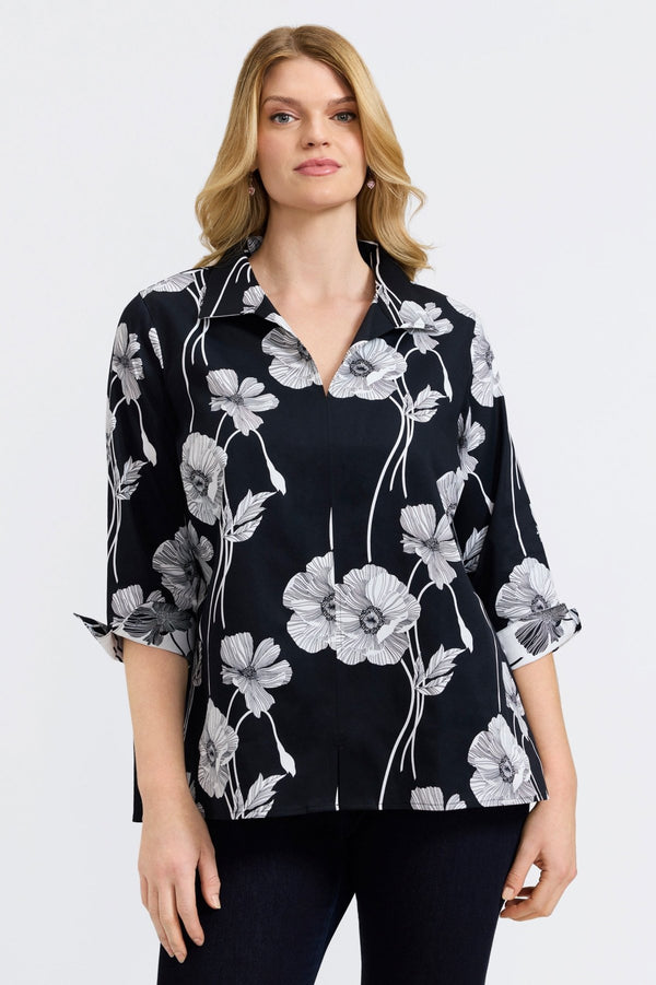 foxcroft Agnes Plus Black Poppy 3/4 Sleeve Popover Shirt