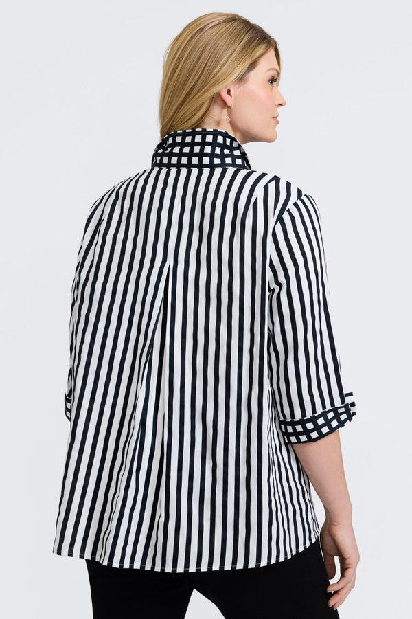 Foxcroft Agnes Plus Black Stripe & Gingham 3/4 Sleeve Popover Shirt
