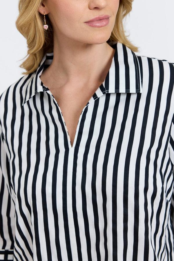 Foxcroft Agnes Plus Black Stripe & Gingham 3/4 Sleeve Popover Shirt