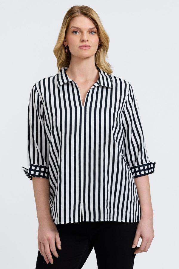 foxcroft Agnes Plus Black Stripe & Gingham 3/4 Sleeve Popover Shirt