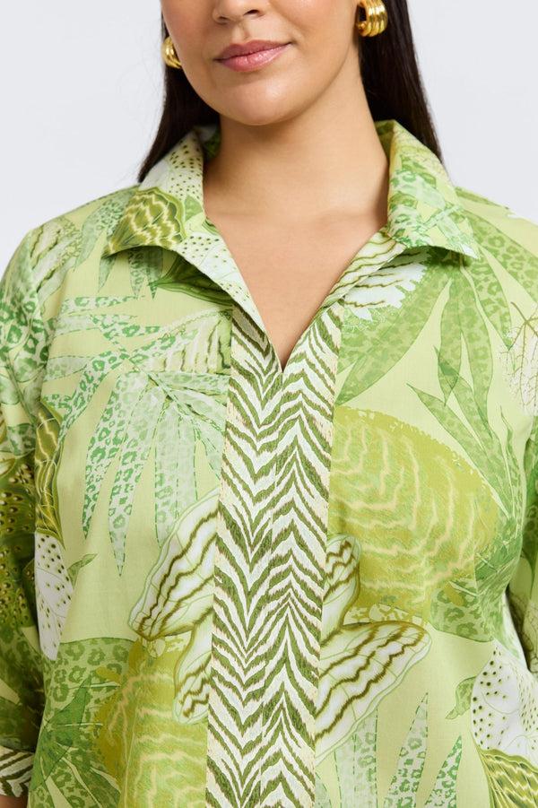 Foxcroft Agnes Plus Jungle Leaves 3/4 Sleeve Popover Shirt