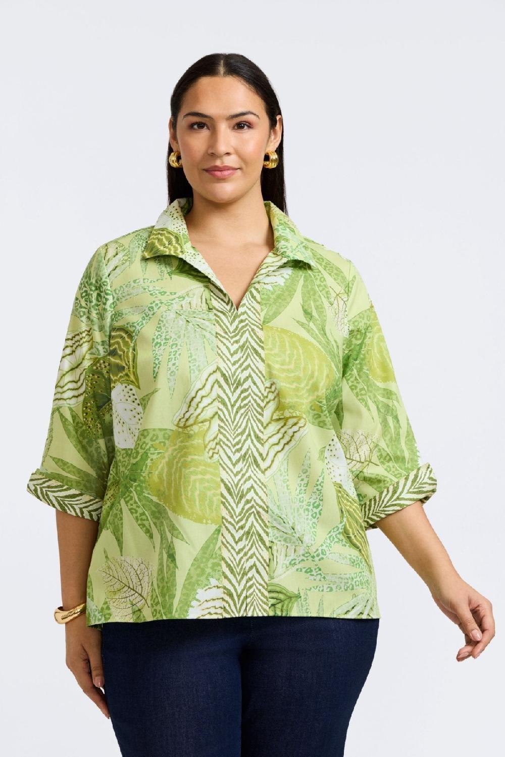 foxcroft Agnes Plus Jungle Leaves 3/4 Sleeve Popover Shirt