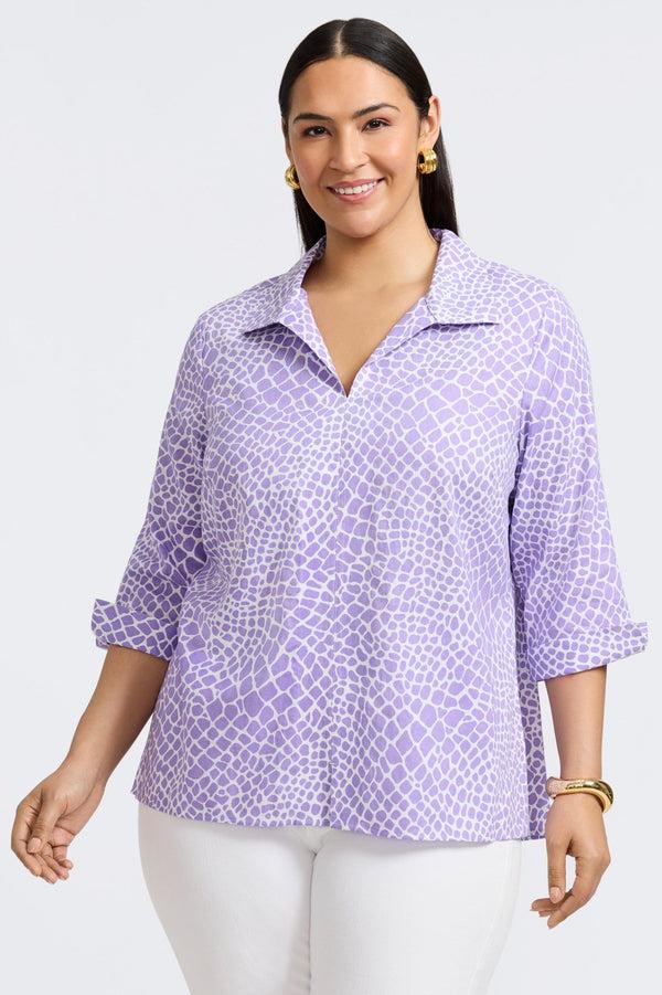 Foxcroft Agnes Plus Linen Giraffe 3/4 Sleeve Popover Shirt