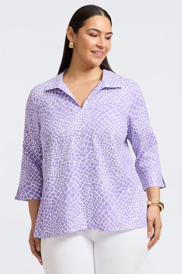 foxcroft Agnes Plus Linen Giraffe 3/4 Sleeve Popover Shirt