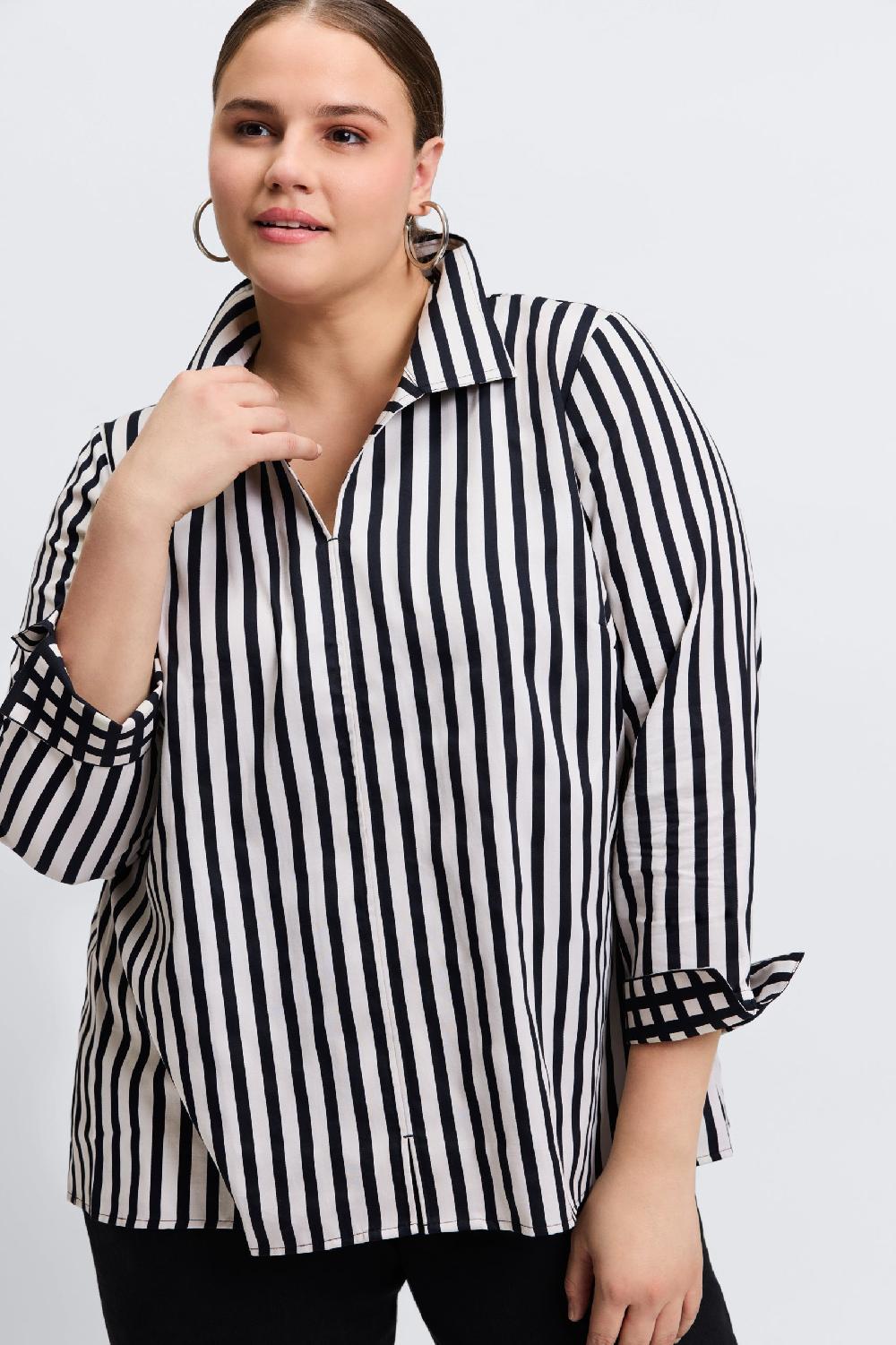 Foxcroft Agnes Plus Stripe & Gingham Long Sleeve Popover Shirt