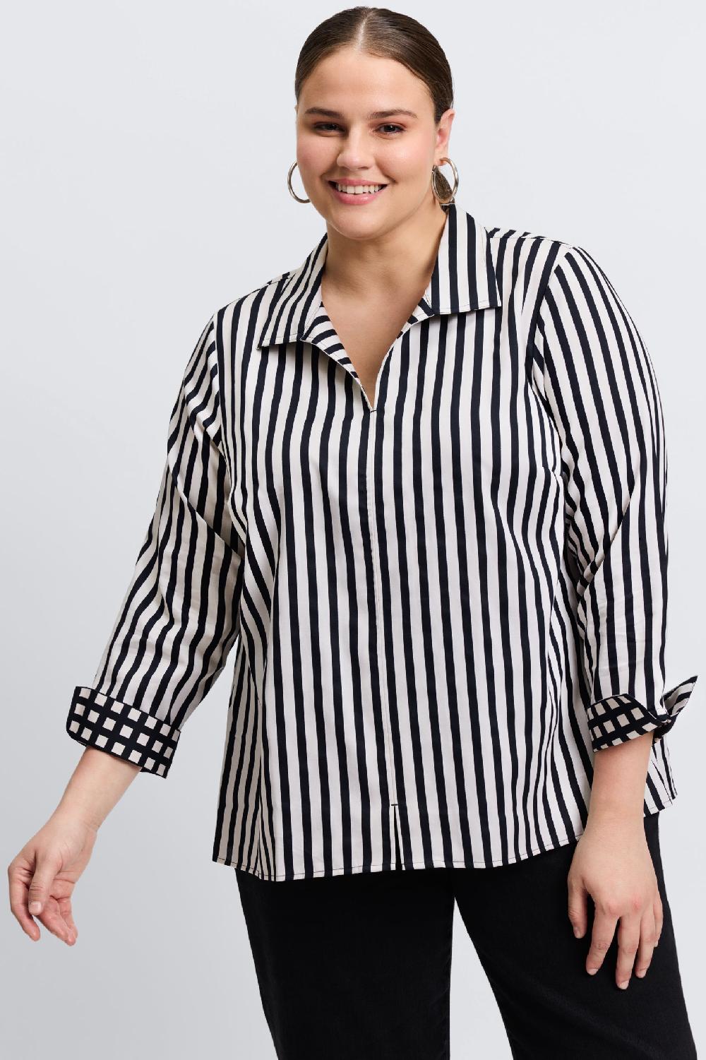 Foxcroft Agnes Plus Stripe & Gingham Long Sleeve Popover Shirt