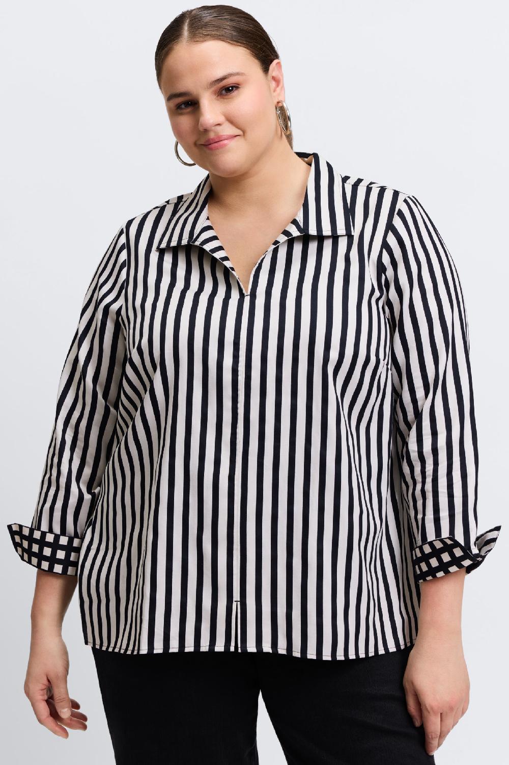 foxcroft Agnes Plus Stripe & Gingham Long Sleeve Popover Shirt