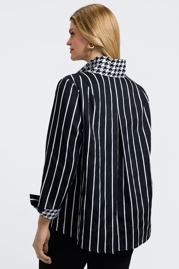Foxcroft Agnes Plus Stripe & Houndstooth Long Sleeve Popover Shirt