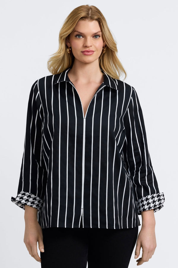 foxcroft Agnes Plus Stripe & Houndstooth Long Sleeve Popover Shirt