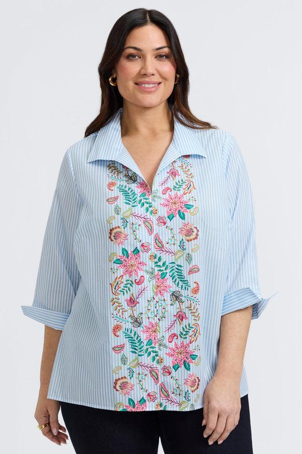 foxcroft Agnes Plus Striped Floral 3/4 Sleeve Popover Shirt
