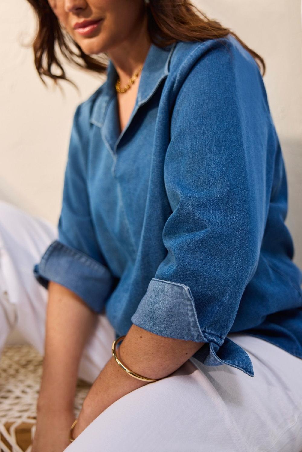 Foxcroft Agnes Plus Tencel® Denim 3/4 Sleeve Popover Shirt