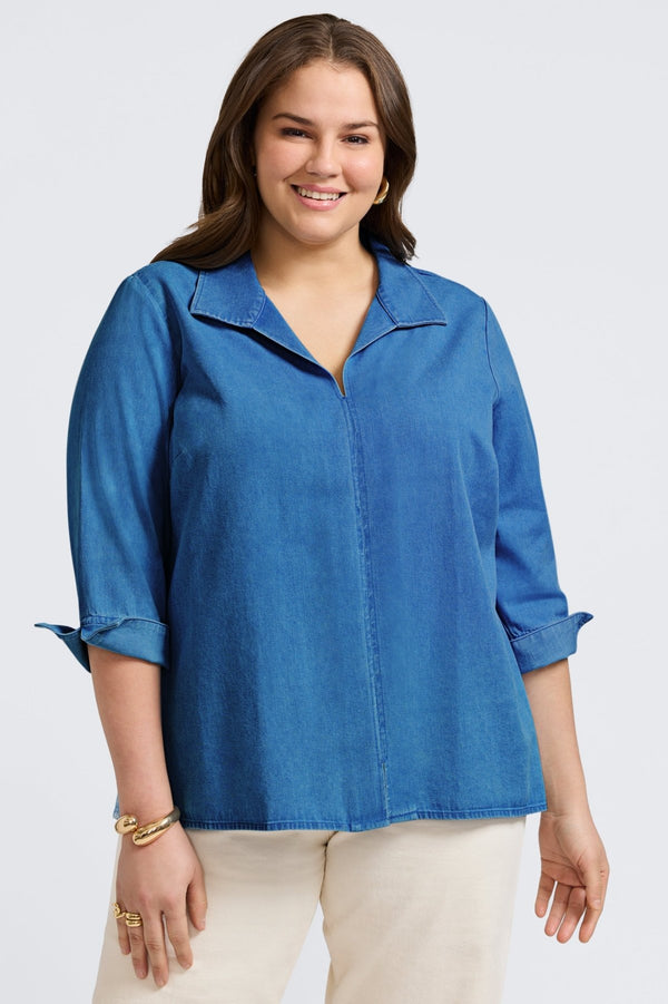 Foxcroft Agnes Plus Tencel® Denim 3/4 Sleeve Popover Shirt