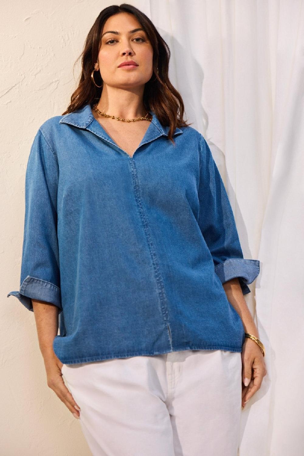 foxcroft Agnes Plus Tencel® Denim 3/4 Sleeve Popover Shirt