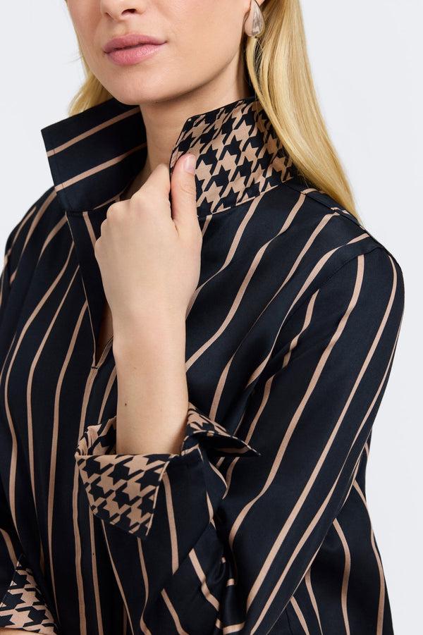 Foxcroft Agnes Stripe & Houndstooth Long Sleeve Popover Shirt