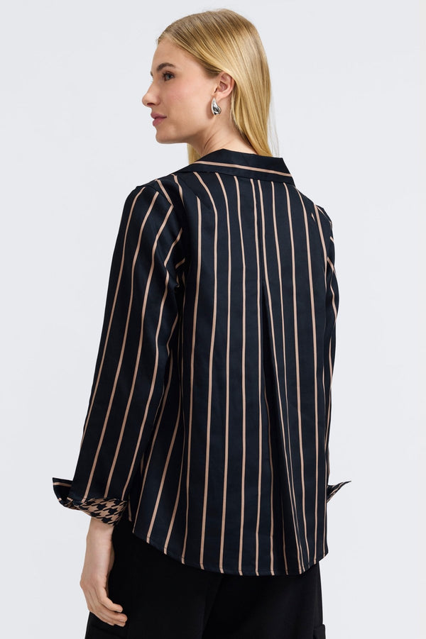 Foxcroft Agnes Stripe & Houndstooth Long Sleeve Popover Shirt