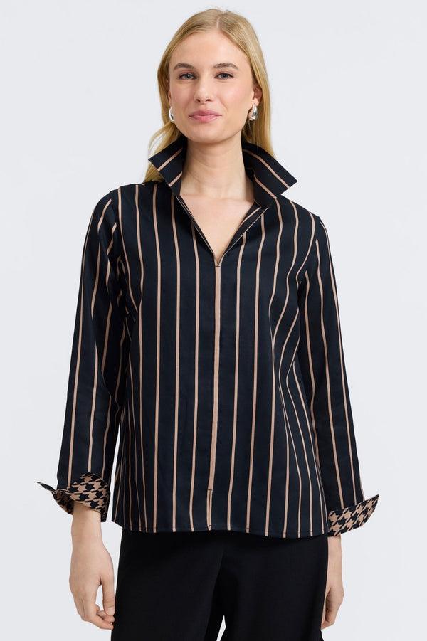 foxcroft Agnes Stripe & Houndstooth Long Sleeve Popover Shirt