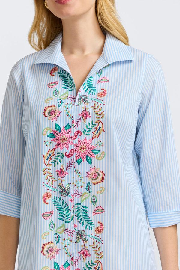 Foxcroft Agnes Striped Floral 3/4 Sleeve Popover Shirt