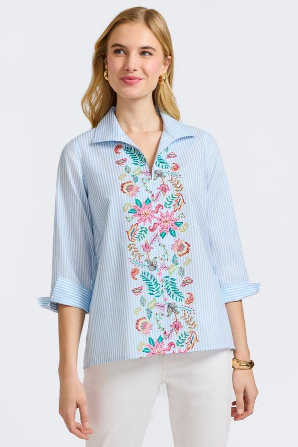 Foxcroft Agnes Striped Floral 3/4 Sleeve Popover Shirt