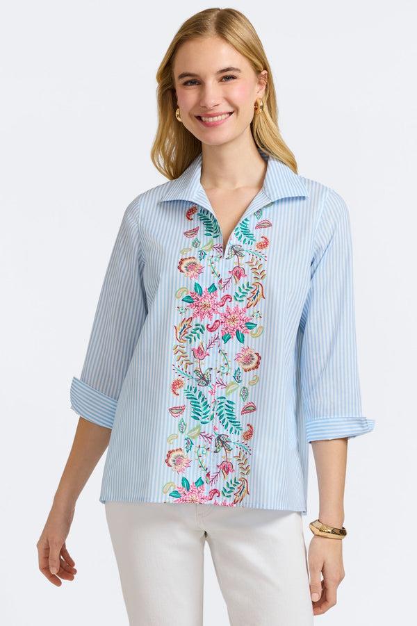 foxcroft Agnes Striped Floral 3/4 Sleeve Popover Shirt